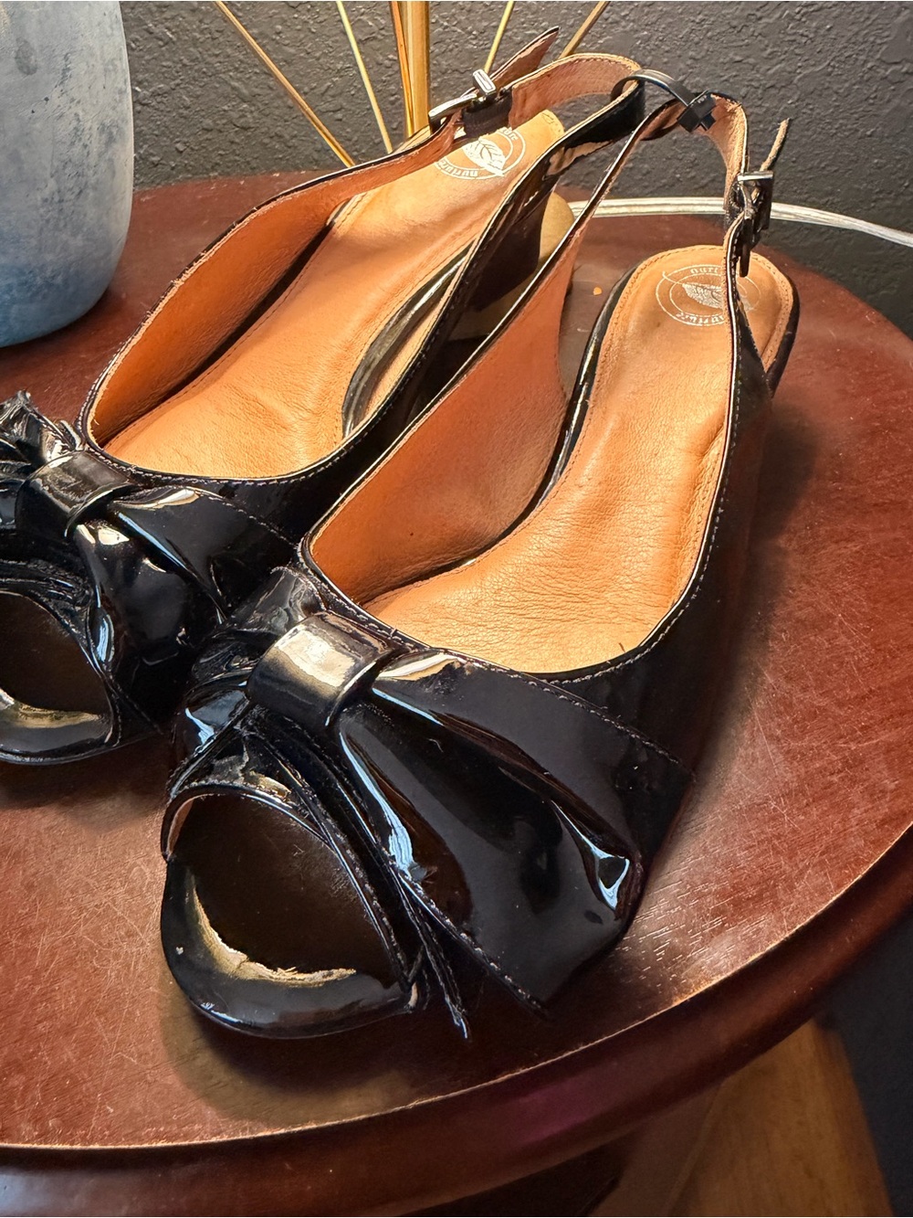 Nurture Black Patent Leather Peep-Toe Slingback Heels